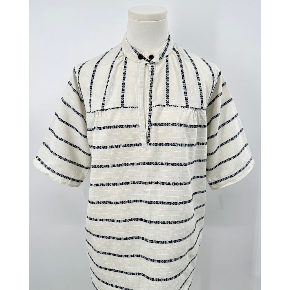 Ace & Jig White & Black Embroidered Stripe Button Neck Top Cotton Blouse S